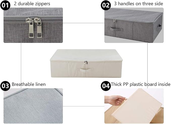 Folding Underbed Shoes Clothes Storage Organizer Basket with Zip Lid,Beige | Underbed Clothes Organizer Basket, Garment Storage Boxes, folding washable rigid sturdy storage bins for clothing shoes duvet - Image 2