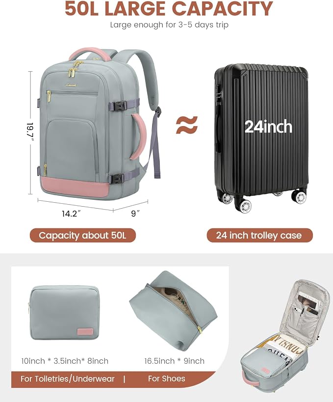 LOVEVOOK 50L Travel Backpack for Women Flight Approved, Carry on Backpack for Airplanes, TSA Personal Item Travel Bag, Waterproof 18 Inch Laptop Backpack, Business Weekender Overnight Daypack, 4Pcs - Image 2