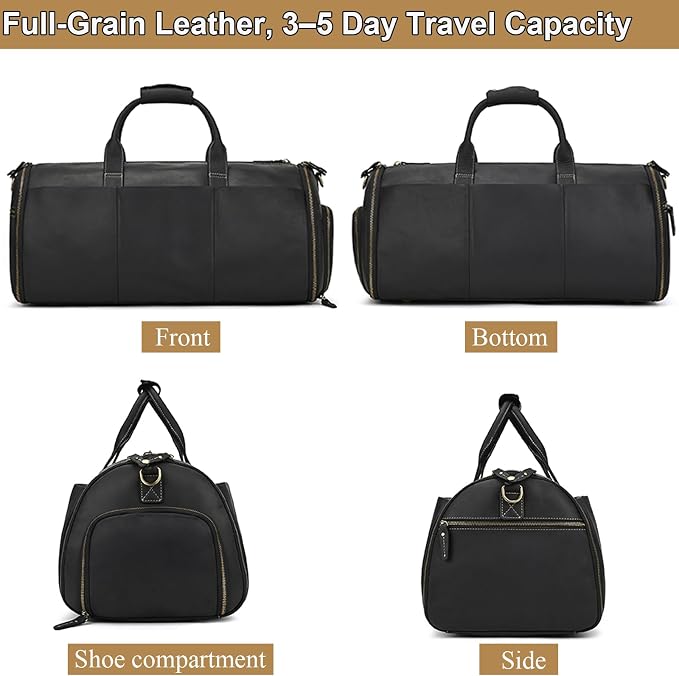 Full Grain Leather Duffel Bag for Men, 2-in-1 Garment Travel Bag with Shoe Compartment, Weekender Overnight Bag for Business Trip, Black - Image 3
