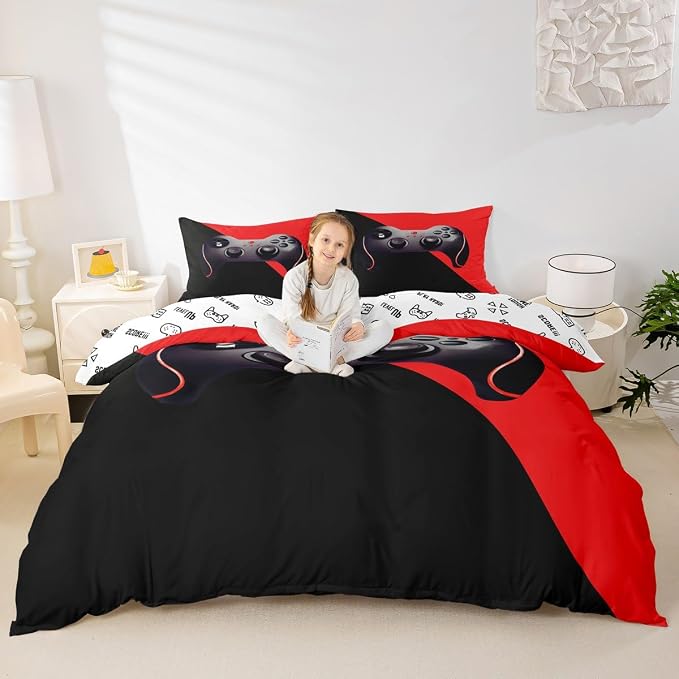 Games Duvet Cover Boys Kids Gamepad Bedding Set Video Game Controller Room Decor Comforter Cover for Teen Girls Player Modern Gamer Console Bedding,1 Duvet Cover with 2 Pillow Cases,King,Black Red - Image 4