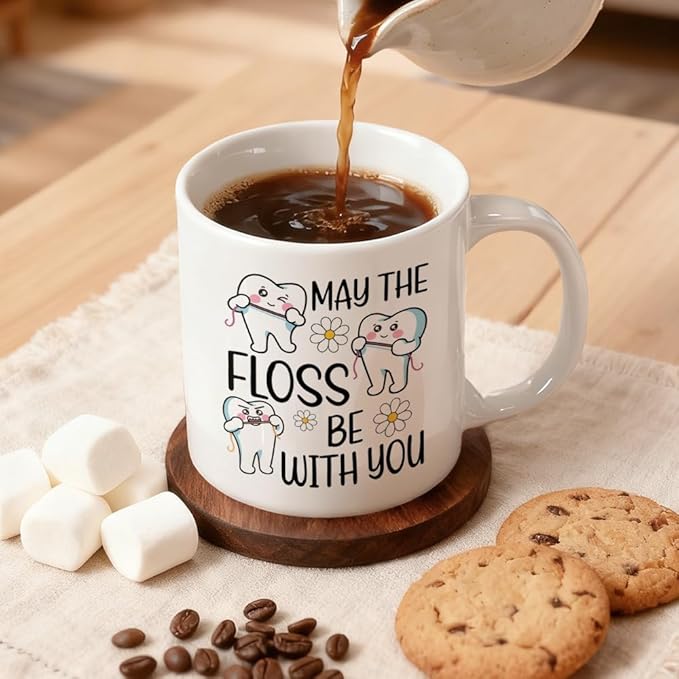 May The Floss Double-Sided Ceramic Mug, Funny Dentist Mug for Men Women, Dental Office Coffee Cup, Thanksgiving Birthday Gifts for Dental Hygienist, Graduation Gifts for Dentist Assistant