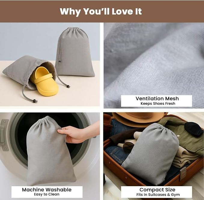 LFH Cotton Rich Shoe Storage Bags with Drawstring, Dustproof Breathable Reusable Organizer, Perfect For Travel, Dorm, Hotel, College, Gym, Easy to Carry, Machine Washable 8"x17" (Pack of 2) - Grey - Image 3
