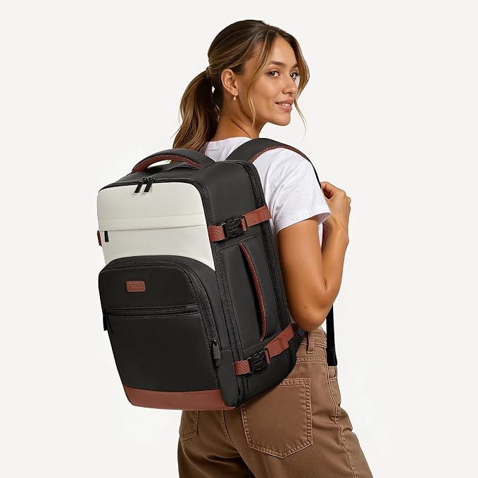 mibasies 40L Travel Backpack for Women & Men: Flight Approved Carry On Backpack, TSA Personal Item Bag with Water Bottle Pocket, Weekender Essentials Backpacks fits 17" Laptop - Black White Brown - Image 2