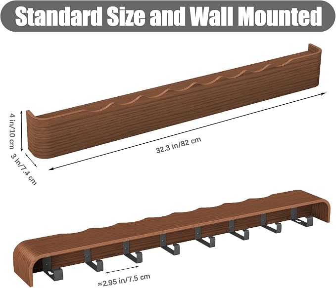 Coat Rack Wall Mount with Shelf 8 Hidden Hooks Modern Wooden Key Holder Entryway Organizer for Hallway Bedroom Bathroom Home Decor Storage for Hanging Coats Hats Bags Towels, Wave-Shape Walnut - Image 3