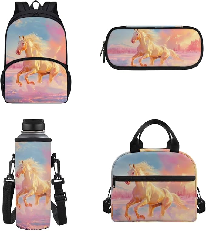 Horse Print School Backpack for Kids Children Teens,4Pcs Horse Animal School Bag Set Large Pencil Holder Pouch Crossbody Water Bottle Holder Bag Insulated Lunch Box Back to School Gift by Chririnla
