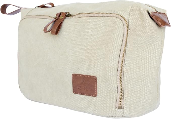 Vetelli Vintage Canvas Toiletry Bags, Travel In Style, Waterproof Canvas Dopp Kits, Durable (Messner) (Beige) - Image 3