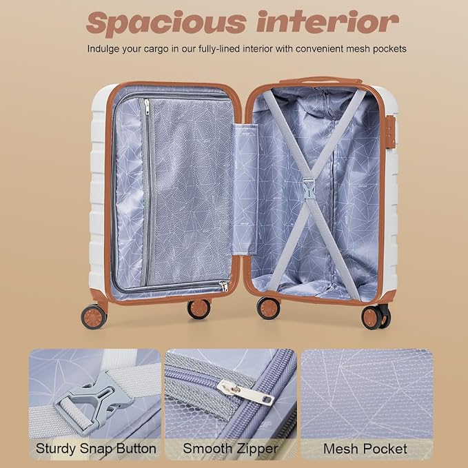 AnyZip Luggage Set 20 Inch Carry on Luggage PC ABS Hardshell Lightweight Suitcases for Travelling with 4 Universal Wheels TSA Lock White Brown - Image 6