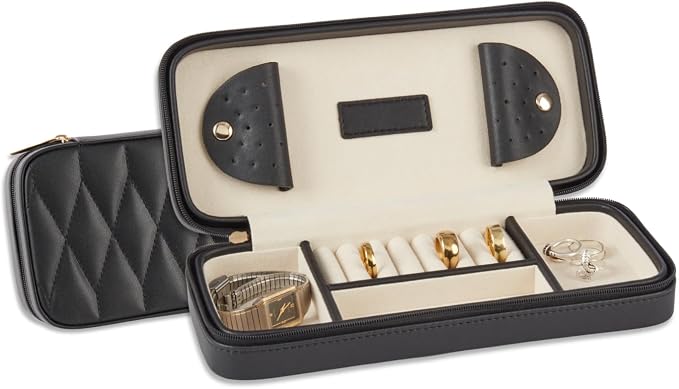 Bey-Berk Diamond-Quilted Leather Travel Jewelry Case, Black, 9" x 4" x 1.75" by Bey-Berk