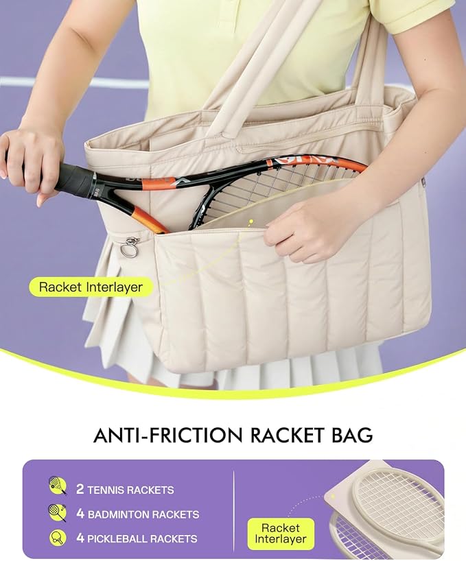 Quilted Tennis Tote Bag for Women Gym Duffle Bag with Shoe Compartment & Wet Pocket Fits 2-4 Rackets and 15.6" Laptop Overnight Weekend Sports Bag with Fence Hook(Large size) - Image 2