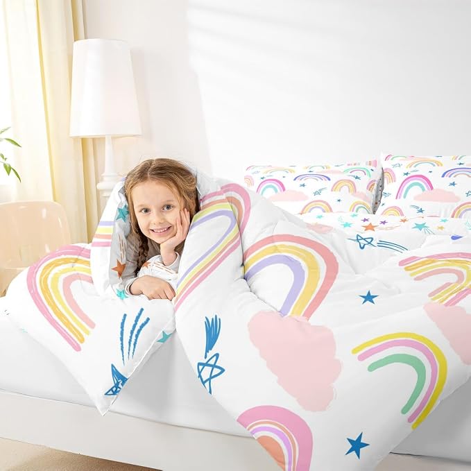 Rainbow Comforter Set For Girls Kids, Cartoon Sun Cloud Quilt Kawaii Room Decor Full Size, Girly Iridescent Stripes Duvet Insert Hand Drawn Down Comforter 3 Pieces With 2 Pillow Cases, Colorful - Image 6