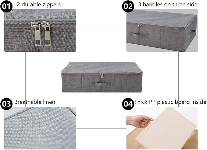 Under Bed Clothing Storage Organizer Box with Lid, Dark Gray | Under Bed Storage Basket Container, 27.5*15.7*7", Folding Design, Rigid Sturdy Fabric Bins, 3-Size Zipper, Washable - Image 2