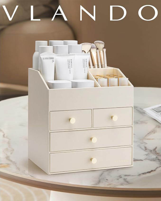 VLANDO Makeup Organizer,Vanity Organizer with Drawers, PU Leather Skincare Organizer Perfume Organizer,Large Cosmetic Display Case for Lipstick,Brushes Gifts for Women, Beige, 4 Layer - Image 9
