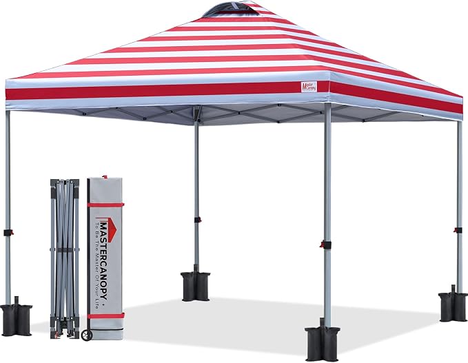 MASTERCANOPY 10x10 Pop Up Canopy Tent, 1 Person Setup Instant Shelter,Outdoor Portable Beach Canopy with Roller Bag, 4 Sandbags, 4 Ropes, 8 Stakes (10x10, Red Stripe) by MASTERCANOPY
