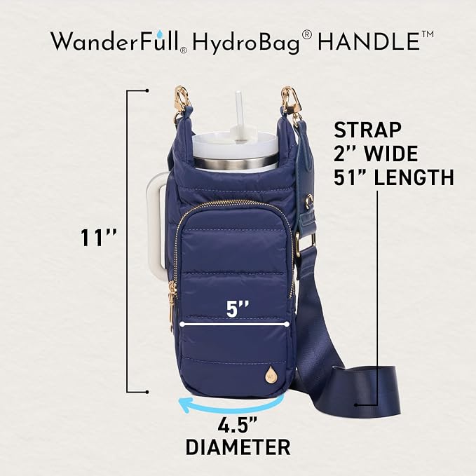 WanderFull Original HydroBag Handle®, Zipper for Handle, 40 oz Water Bottle Holder w/Strap, Crossbody Carrier Bag w/Phone Pocket, Tumbler Accessories - Navy Matte w/Vegan Leather Trimmed Strap - Image 2