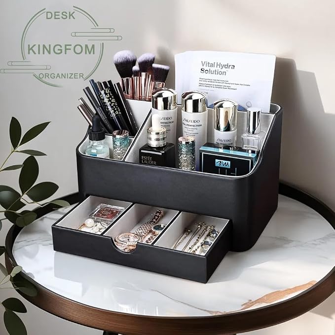 KINGFOM Leather Makeup Organizer with Drawer, Cosmetic Storage for Dresser Countertop and Bathroom Vanity, Beauty Holder for Lipstick Brush Skincare, Mother’s Day Gift for Mom(Black) - Image 4