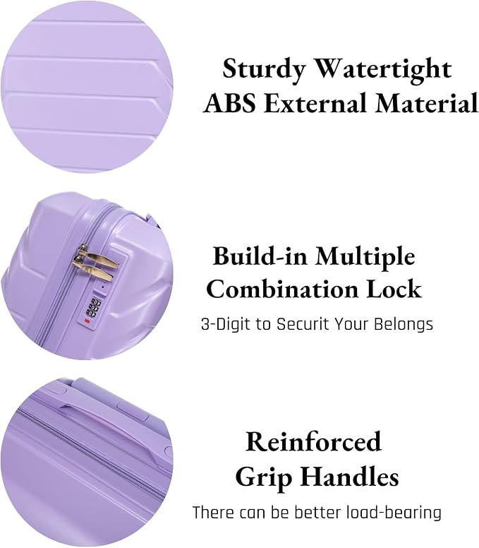 2-Piece ABS Hard Shell Lightweight Carry-On Luggage Set (14" & 20"), 360-Degree Spinner Wheels, Adjustable Telescopic Handle and Combination Lock for Travel, Purple - Image 7