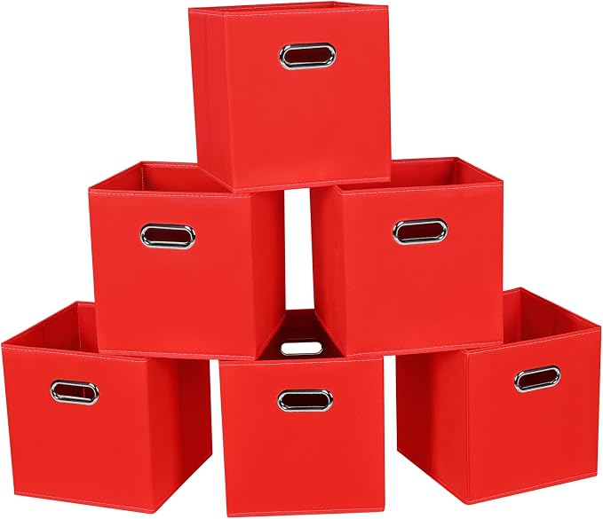 Fabric Cloth Storage Bins,Fabric Cube Bins Organizer with Dual Handles Foldable Cube Storage Baskets for Home Bedroom Storage,Set of 6,(Red) by SEVENDOME