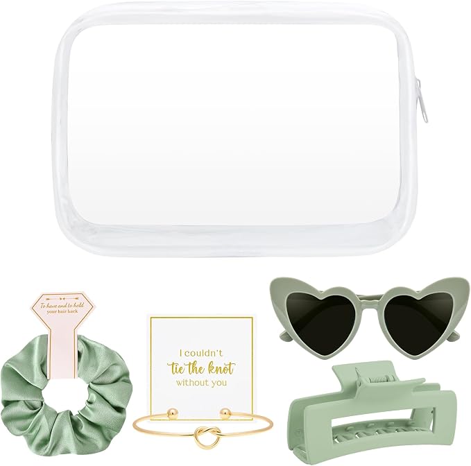 DEEKA 5 Pcs Bridesmaid Proposal Bag Set Gift Clear Makeup Toiletry Bag Bachelorette Party Favors Sunglasses Hair Claw Clips Scrunchies Knot Bracelets Bridal Wedding Party Gifts (Sage Green) - Image 8