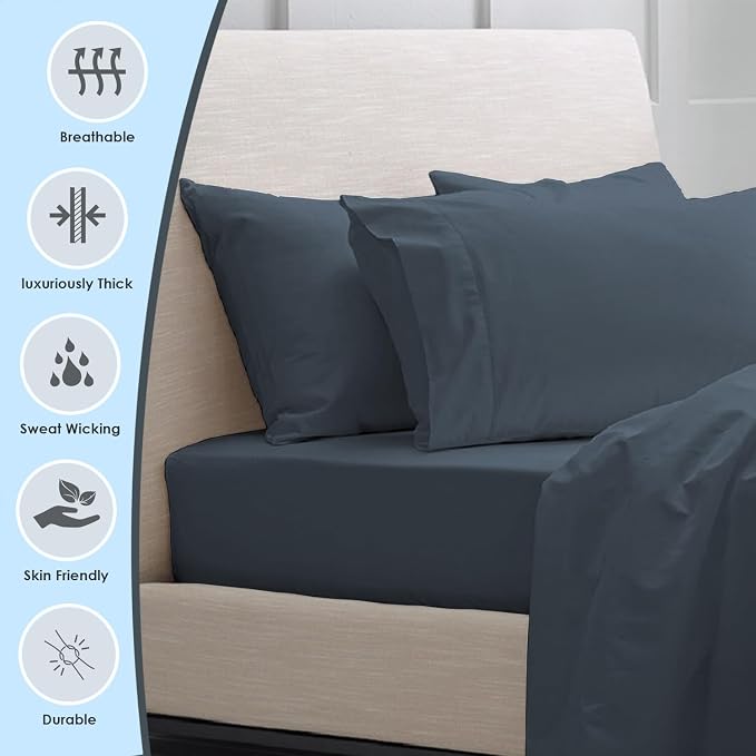 Pizuna 100% Luxury Cotton King Size Pillow Case Dark Blue, 1000 Thread Count 100% Long Staple Cotton Sateen Pillowcase, Pillow Covers with Stylish 4" Hem (Combed Cotton King Pillowcase Set of 2) - Image 2
