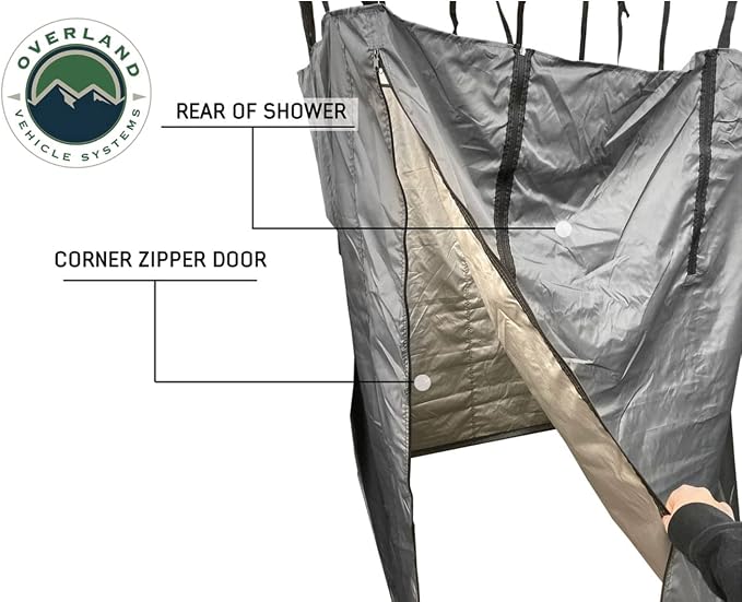 Overland Vehicle Systems HD Nomadic Car Side Shower Room with Black 1000G PVC Travel Cover, Universal L - Brackets, Dark Grey Body with Silver Inner Lining - Image 9