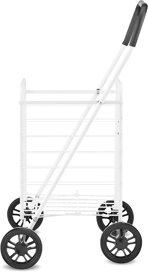 Whitmor Folding Utility Shopping Cart with Wheels, Heavy Duty Metal Grocery Cart, Portable Foam Handle, Rolling Collapsible Trolley for Groceries, Laundry, Storage, White - Image 5