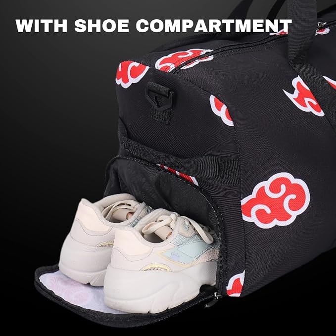 2pcs Anime Gym Bag for Women Men and Wrist Wrap Set - Foldable 55L Large Workout Duffle Bag with Shoe Compartment, 24" Lifting Straps Weightlifting, Powerlifting, and Improve Workout (Akat) - Image 4