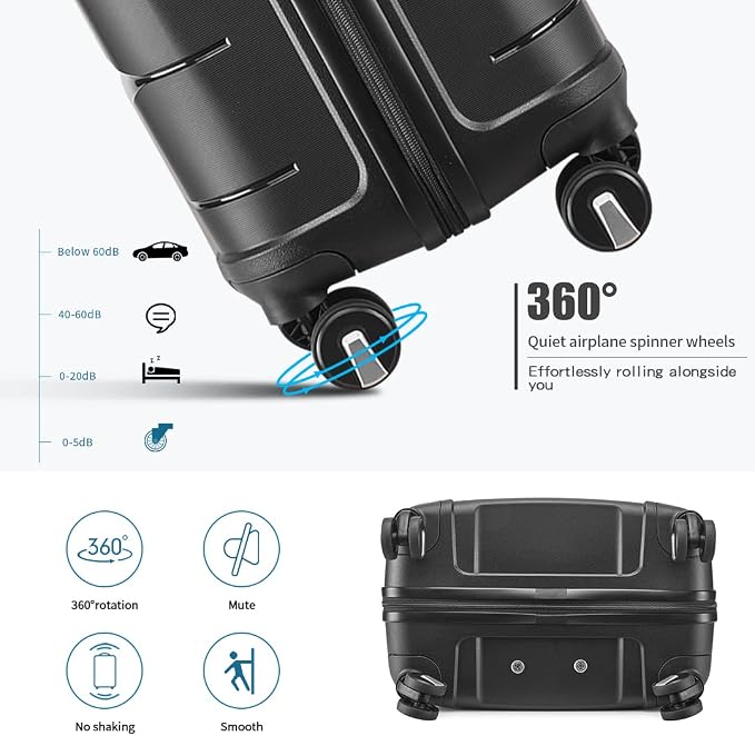 Somago Luggage Sets 3 Piece Hard Shell Polypropylene Suitcase with TSA Lock Spinner Carry On Luggage with Beauty Case Travel Set,Classic Black - Image 3