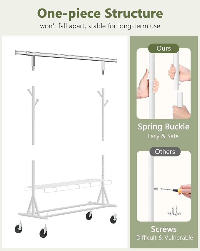 Hoctieon 1-Minute Assembly Clothes Rack, 480 lbs Heavy Duty Rolling Clothing Racks with Wheels, Foldable Garment Rack, Extendable Hanging Bar, Adjustable Metal Pole with Hooks, White - Image 5