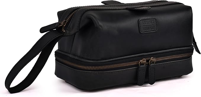 LEATHER VILLAGE Genuine Leather Dopp Kit – Large Travel Toiletry Bag with Waterproof Lining, Dual-Zip Design for Men & Women, Organizer for Shaving, Makeup & Essentials - Black by LeatherVillage