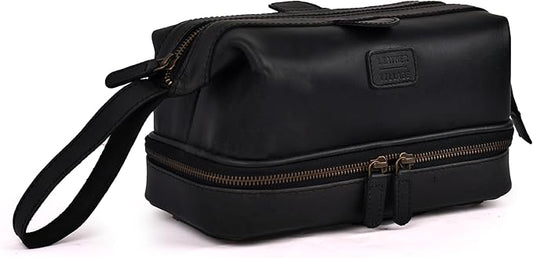 LEATHER VILLAGE Genuine Leather Dopp Kit – Large Travel Toiletry Bag with Waterproof Lining, Dual-Zip Design for Men & Women, Organizer for Shaving, Makeup & Essentials - Black by LeatherVillage