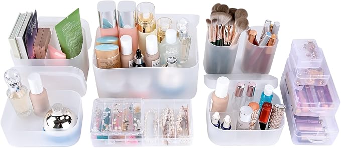 OCHEAL Makeup Organizer Case,Stackable Clear Makeup Organizer Holder, Multi-size Makeup Case Vanity Storage Holder Set for Makeup, Jewelry, toiletries,Makeup Artist Must Have by OCHEAL