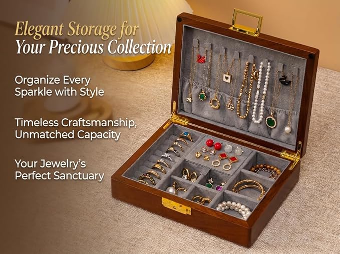 Solid Black Walnut Jewelry Box with Lock and Key Large Capacity Vintage Wooden Organizer for Women and Men Ring Necklace Earring Cufflink Storage Removable Dividers Gift for Christmas - Image 3