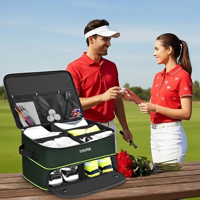 YOREPEK 2 Layer Golf Trunk Organizer, Golf Gifts for Men with Separate Ventilated Compartment for 2 Pair Shoes, Waterproof Car Trunk Locker for Balls, Tees, Clothes, Gloves, Gifts for Golfers - Image 2