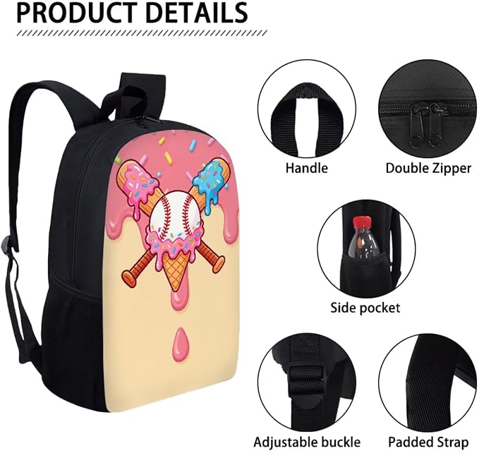 Baseball Drip Ice Cream Print Reusable School Bookbag Set for Boys and Girls, Lightweight Large Backpack Set with Insulated Lunch Bag Pen Case, Durable Knapsack Set for School, Pink Beige - Image 4