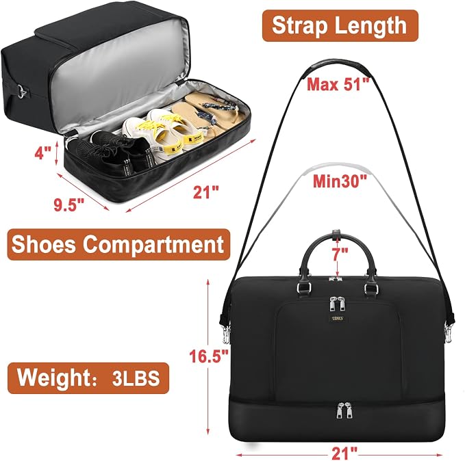 Travel Weekender Bag for Women, 21" Overnight Bag with Shoe Compartment 50L Large Travel Duffel Bag Carry On Tote for Weekend, Overnight, Business Trips, Water Resistant - Image 6
