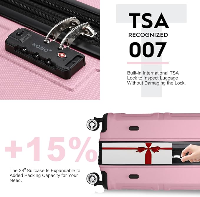 Kono 3 Piece Luggage Sets Expandable(only 28") with Spinner Wheels TSA Lock | Lightweight PC+ABS Hardside Travel Rolling Suitcases Sets 20in 24in 28in Carry on Pink - Image 4