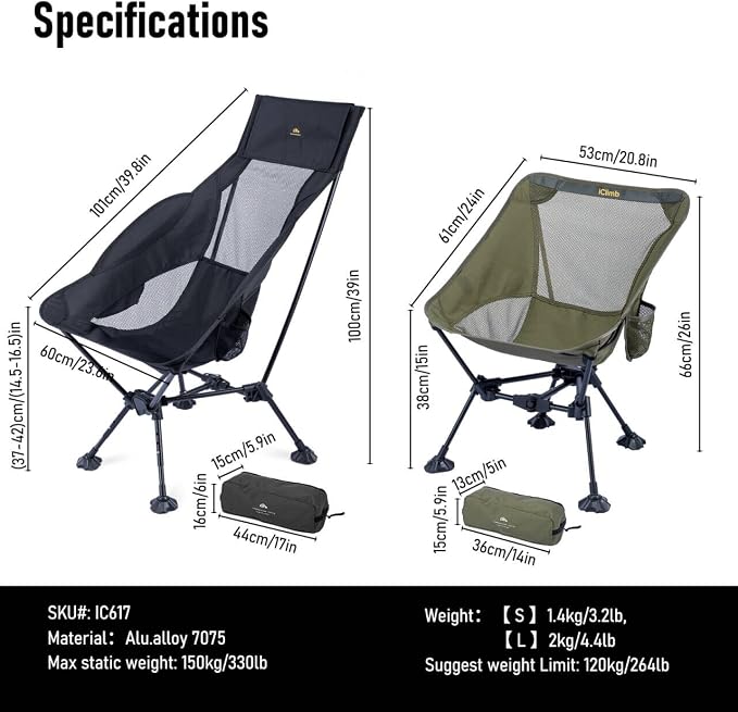 iClimb Ultralight Compact Camping Folding Beach Chair with Anti-Sinking Large Feet (Black - Triangular Frame High Back - 2PC) - Image 3