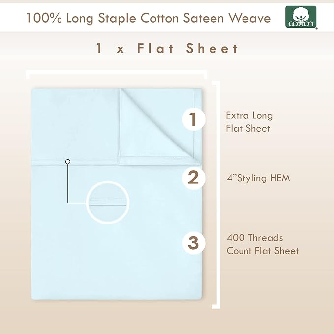 Pizuna Pure 100% Cotton Flat Sheets Only Full Baby Blue (1 PC), Luxurious 400 Thread Count Long Staple Cotton Sateen with 4inch Hem (Combed Full Flat Sheet Only Cotton) - Image 3