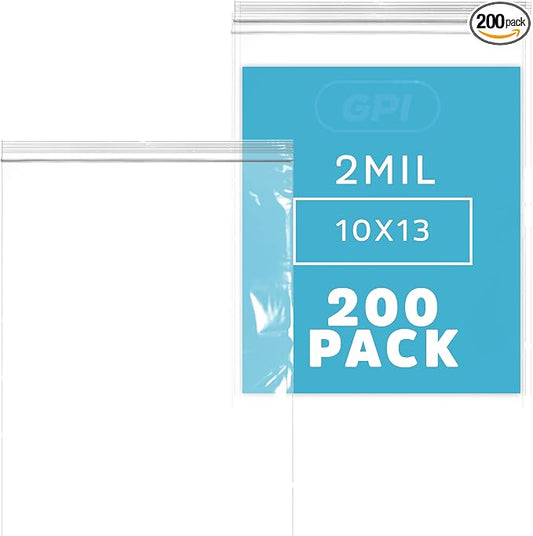 GPI - 10" x 13" Zip Bags, 200 Count, Clear Plastic Reclosable Zipper Poly Baggies, with Resealable Zip Top Lock. for Freezer, Apparel, Clothing, Food, Home & Office Supplies. by GPI
