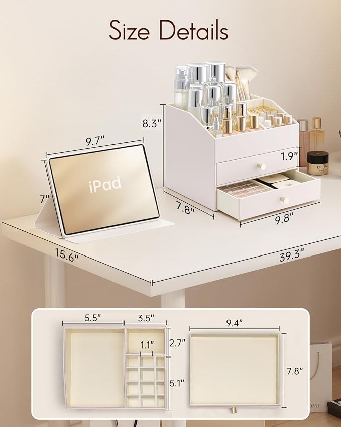 VLANDO Makeup Organizer,Skincare Organizer for Vanity，PU Leather Make up Organizer with Drawers Cosmetic Display Case for Countertop,Perfume,Gifts Ideas for Women (Apricot White) - Image 6