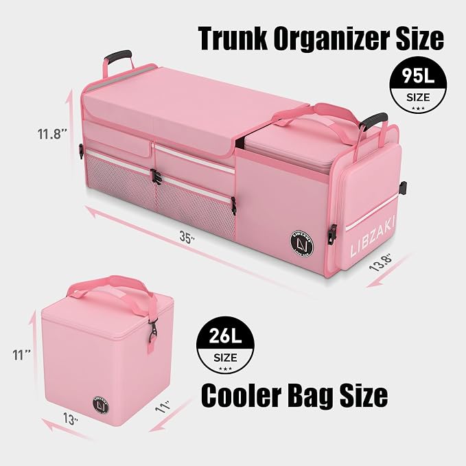 LIBZAKI Oversize 4 in 1 Car Trunk Storage Organizer, Multi Compartment Collapsible Trunk Storage Box with Cooler Bag for Car Truck SUV-Pink - Image 6