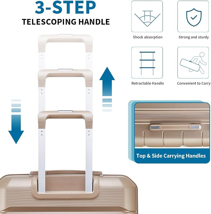 Somago Luggage Sets 3 Piece Hard Shell Polypropylene Suitcase with TSA Lock Spinner Carry On Luggage with Beauty Case Travel Set,Noble Golden - Image 6