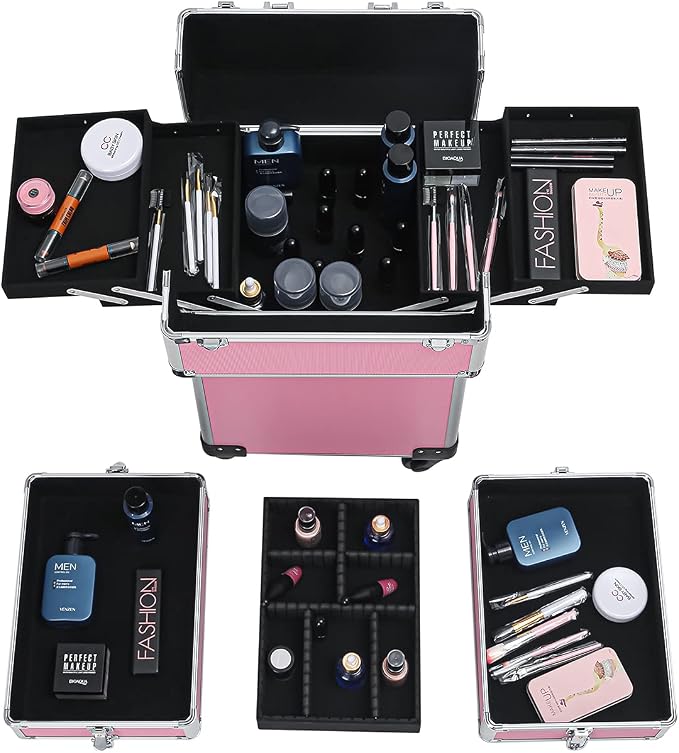Karl home 4 in 1 Makeup Train Case Rolling Cosmetic Trolley Large Capacity Travel Organizer with Key 360°Swivel Wheels for Beauticians Hairstylists Nail Tech Students, Pink - Image 5
