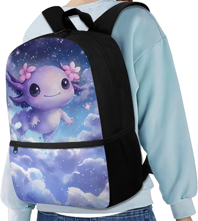 Galaxy Axolotl Backpack for Girls Kids Backpack with Lunch Box Water Bottle Carrier and Big Pencil Case 4PCS Set Bookbag with Front Pocket for School 17 inch Lightweight Elementary School Bag - Image 2