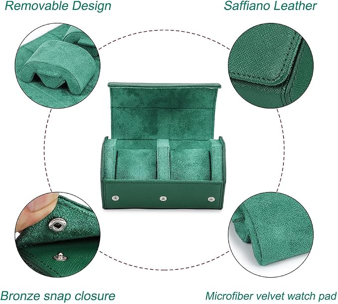Hiram Genuine Leather Saffiano Leather Watch Roll Travel Case, Leather 2-Watches Roll Case for Treasured Watches and Bracelets(Green) - Image 5
