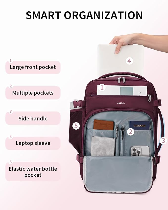 ECOHUB Travel Backpack for Women, 18x14x8 Frontier Airlines Personal Item Bag with Clear Toiletry Bag, Laptop Carry on Backpack with USB Port, Airline Approved Under Seat 14 Pockets 30L, Red - Image 5
