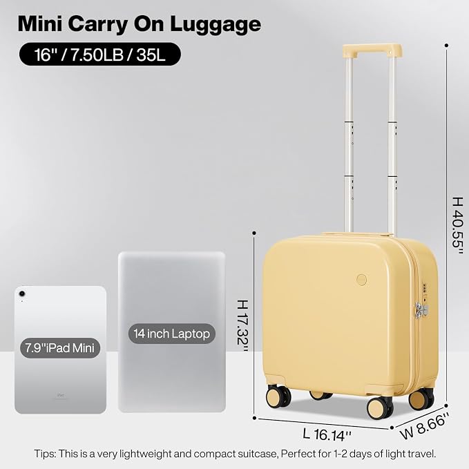 mixi Carry on Luggage, Suitcase with Spinner Wheels 16in Luggage Hardshell Lightweight Rolling Suitcases PC with Cover & TSA Lock, Lark Yellow - Image 6