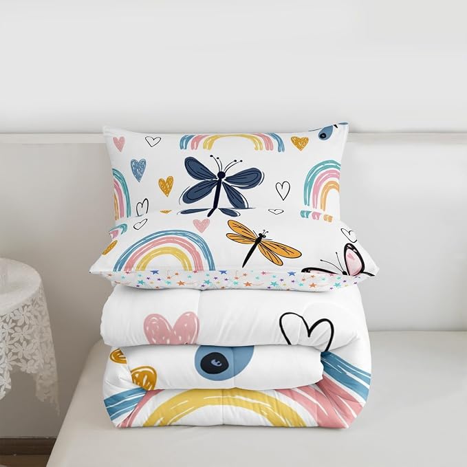 Rainbow Twin Bedding Sets For Girls, Cute Dragonfly Duvet Insert,Hand Drawn Love Heart Comforter Set For Kids Boys Children Teens Adult, Rainbow Ripple Cartoon Quilt 2 Pieces With 1 Pillow Case - Image 7