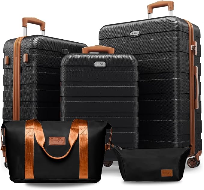 AnyZip Luggage Set 5 Piece PC ABS Hardshell Lightweight Suitcases for Travelling with 4 Universal Wheels TSA Lock Carry on Suitcase Black Brown by YourBestTravelChoice