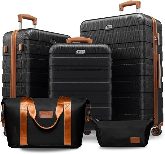 AnyZip Luggage Set 5 Piece PC ABS Hardshell Lightweight Suitcases for Travelling with 4 Universal Wheels TSA Lock Carry on Suitcase Black Brown by YourBestTravelChoice